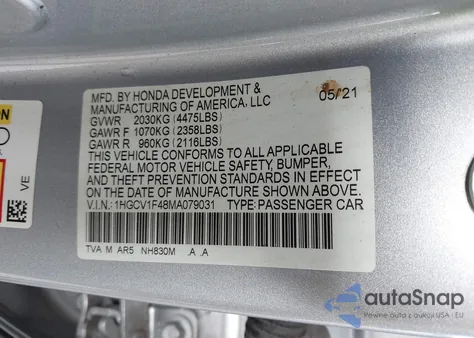 2021 Honda Accord Sport Special Edition z USA, uszkodzony, nr VIN 1HGCV1F48MA079031